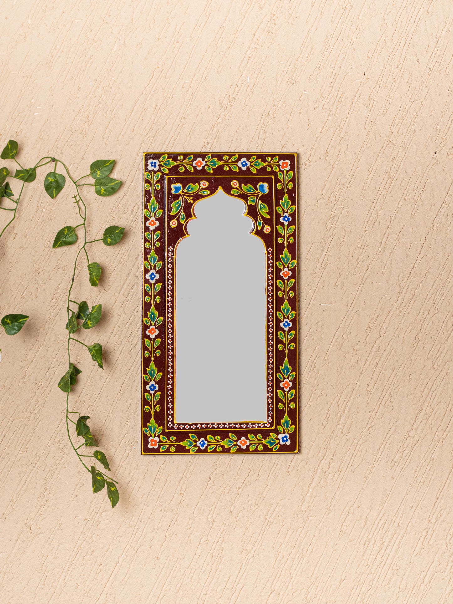 Wooden Handpainted Wall Decor with Mirror - Brown - 18x9 inch - WL5196