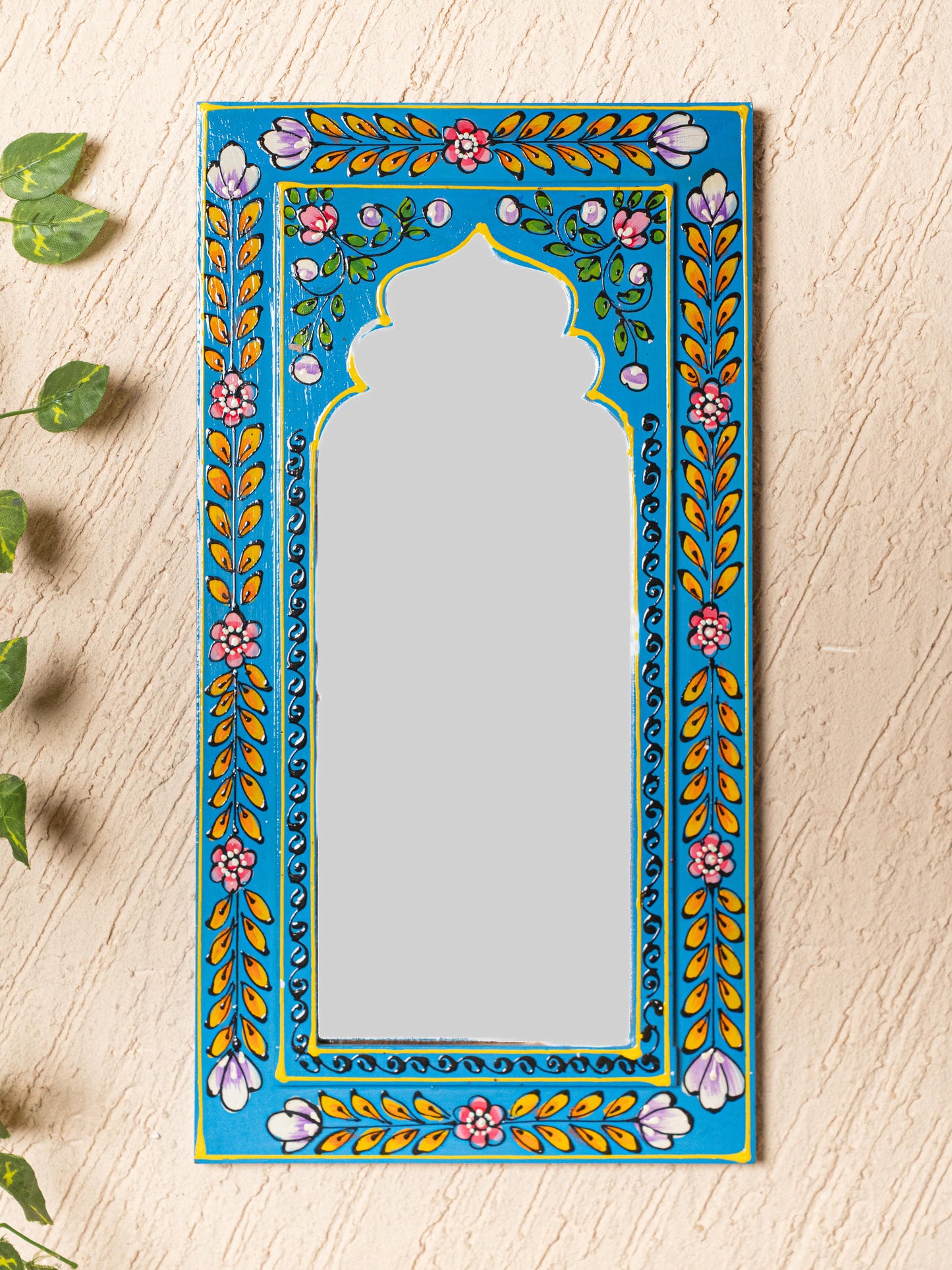 Wooden Handpainted Wall Decor with Mirror - Blue - 18x9 inch - WL5195