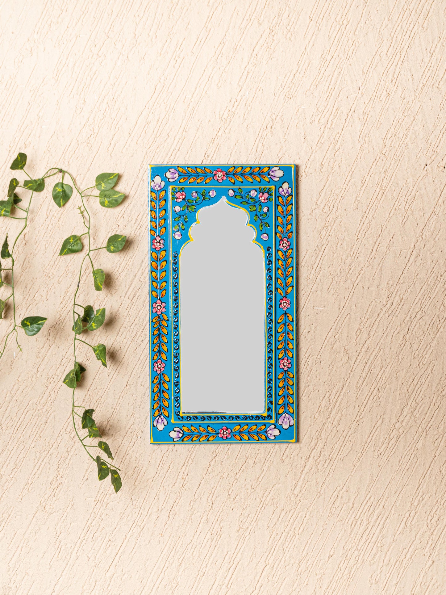 Wooden Handpainted Wall Decor with Mirror - Blue - 18x9 inch - WL5195