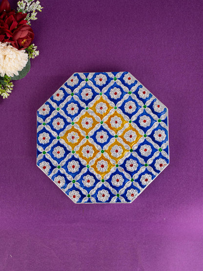 Hexagon Shaped Meenakari Manai - Blue - 8x8 inch - WBG1805-1