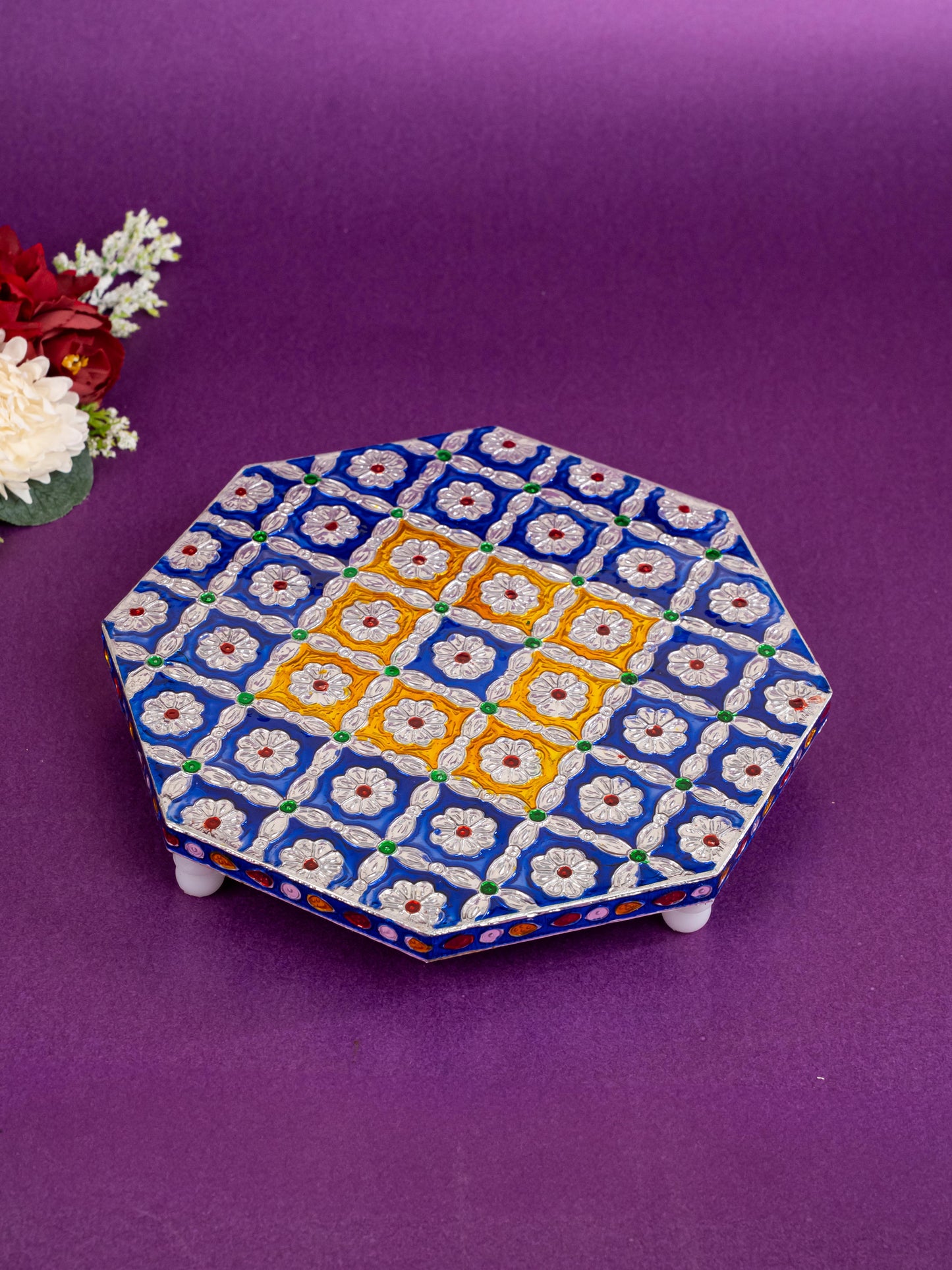 Hexagon Shaped Meenakari Manai - Blue - 8x8 inch - WBG1805-1