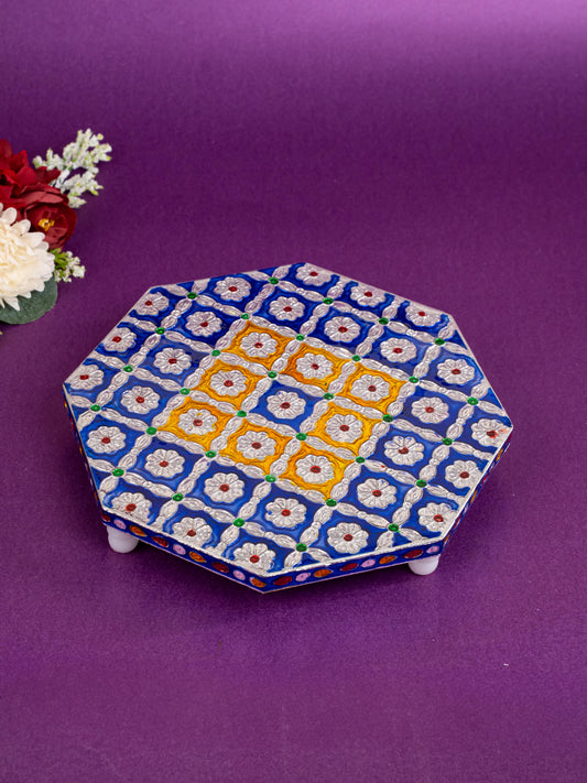 Hexagon Shaped Meenakari Manai - Blue - 8x8 inch - WBG1805-1