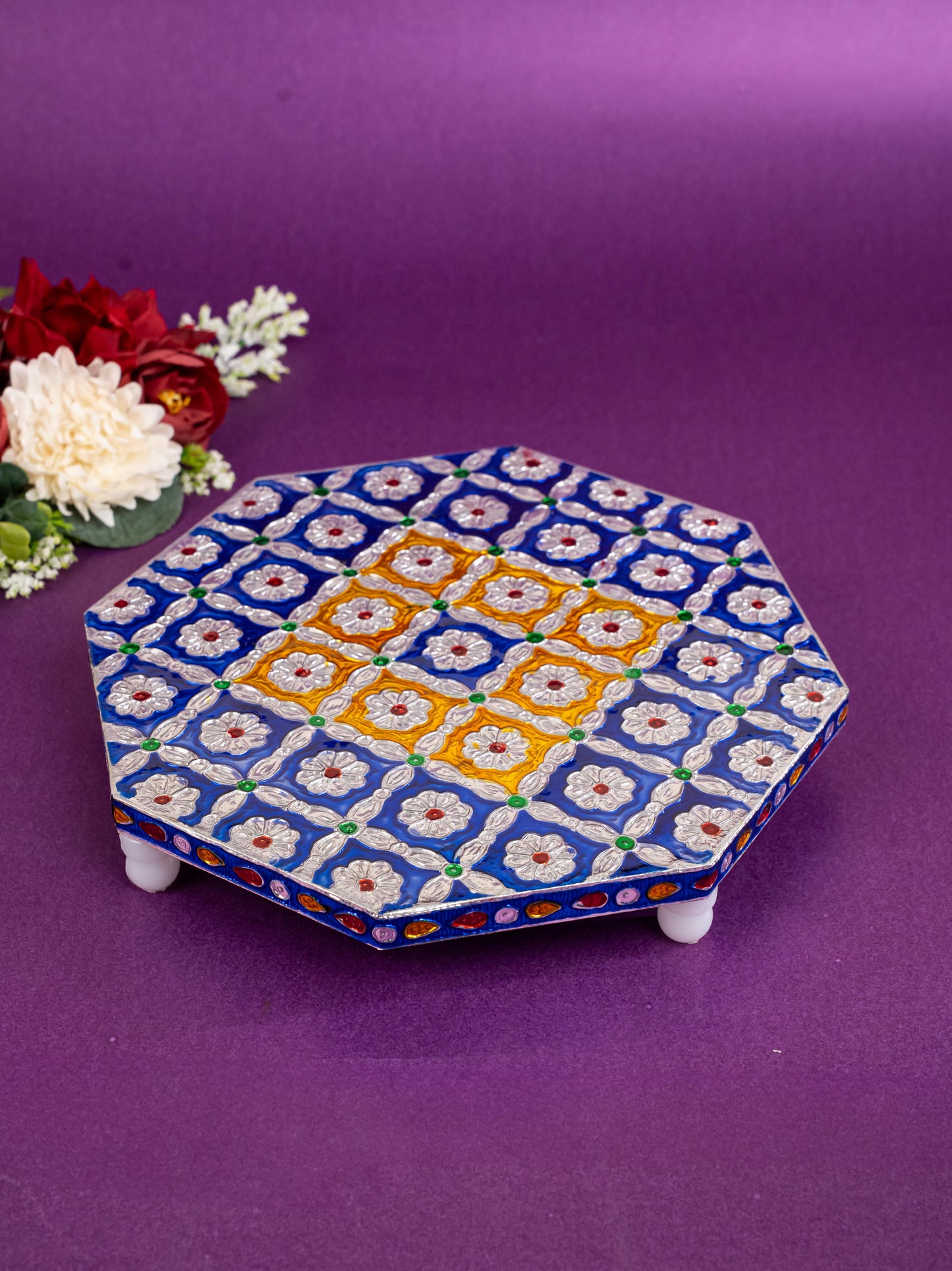 Hexagon Shaped Meenakari Manai - Blue - 8x8 inch - WBG1805-1