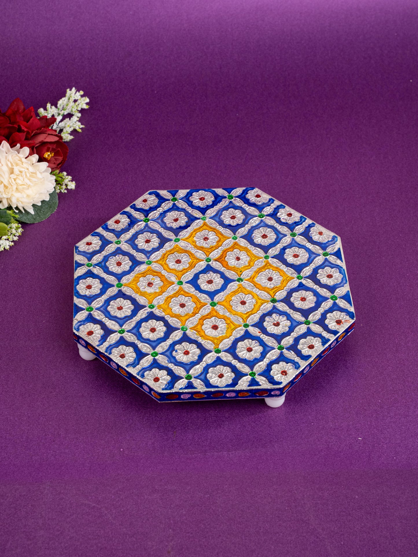 Hexagon Shaped Meenakari Manai - Blue - 8x8 inch - WBG1805-1