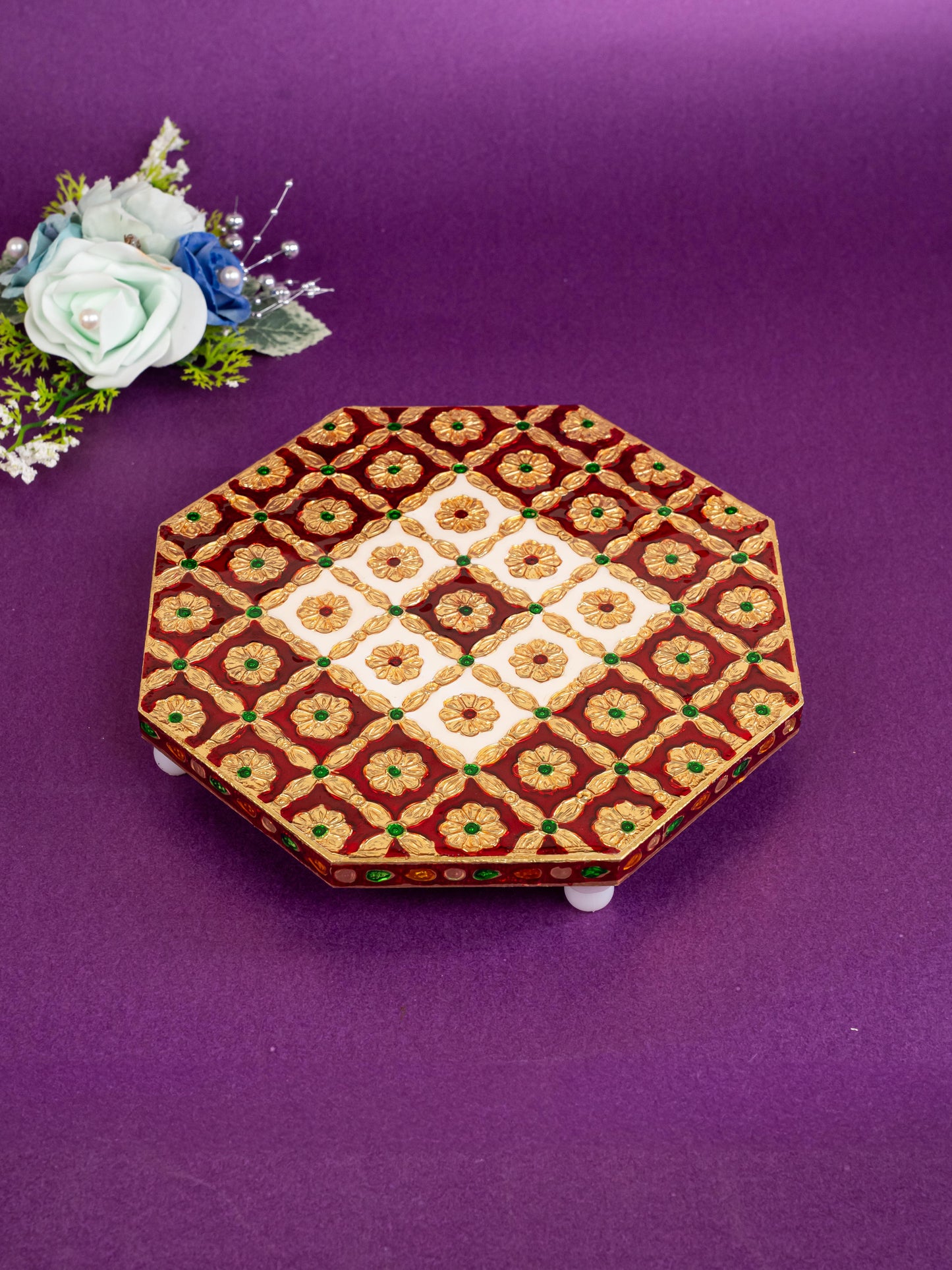 Hexagon Shaped Meenakari Manai - Red & White - 8x8 inch - WBG1805-2