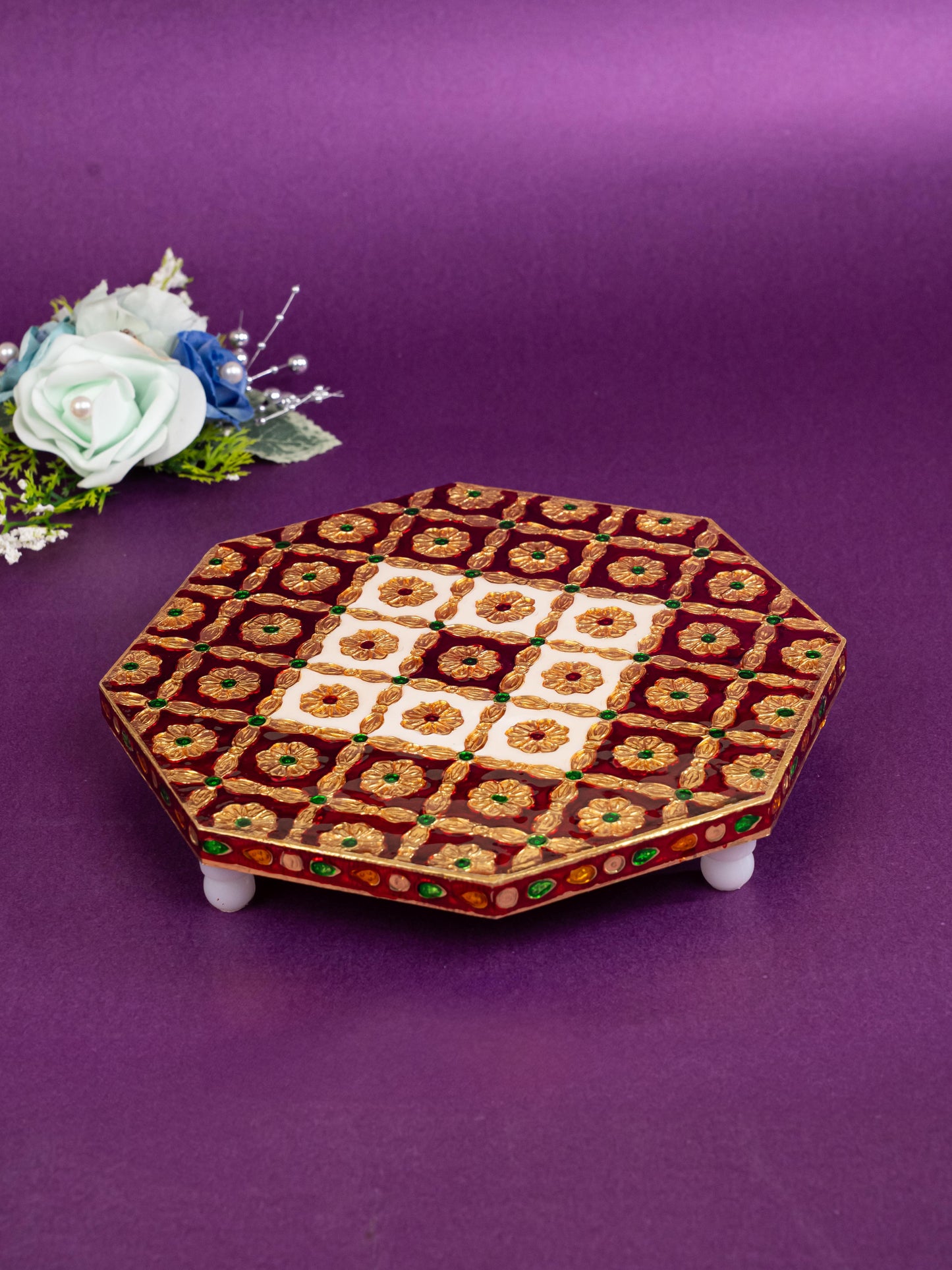 Hexagon Shaped Meenakari Manai - Red & White - 8x8 inch - WBG1805-2