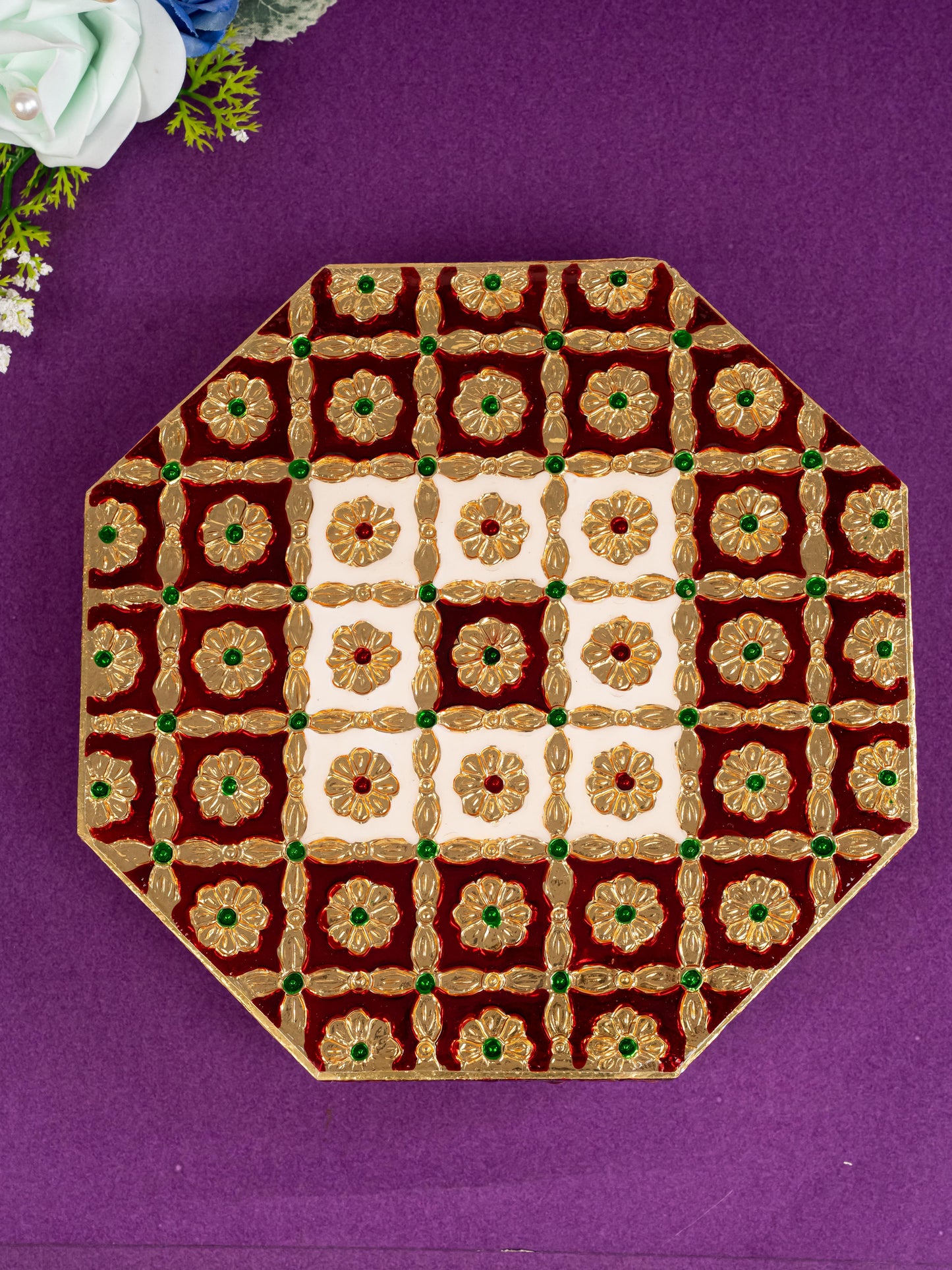 Hexagon Shaped Meenakari Manai - Red & White - 8x8 inch - WBG1805-2