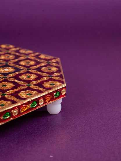 Hexagon Shaped Meenakari Manai - Red & Blue - 8x8 inch - WBG1805-3