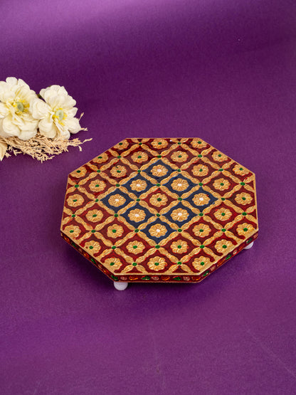Hexagon Shaped Meenakari Manai - Red & Blue - 8x8 inch - WBG1805-3