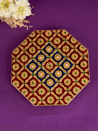 Hexagon Shaped Meenakari Manai - Red & Blue - 8x8 inch - WBG1805-3
