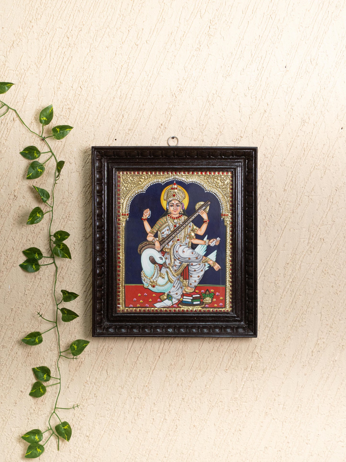 Tanjore Painting - Swan Saraswathi - Semi Embossed - 12x10 inch - WL5203