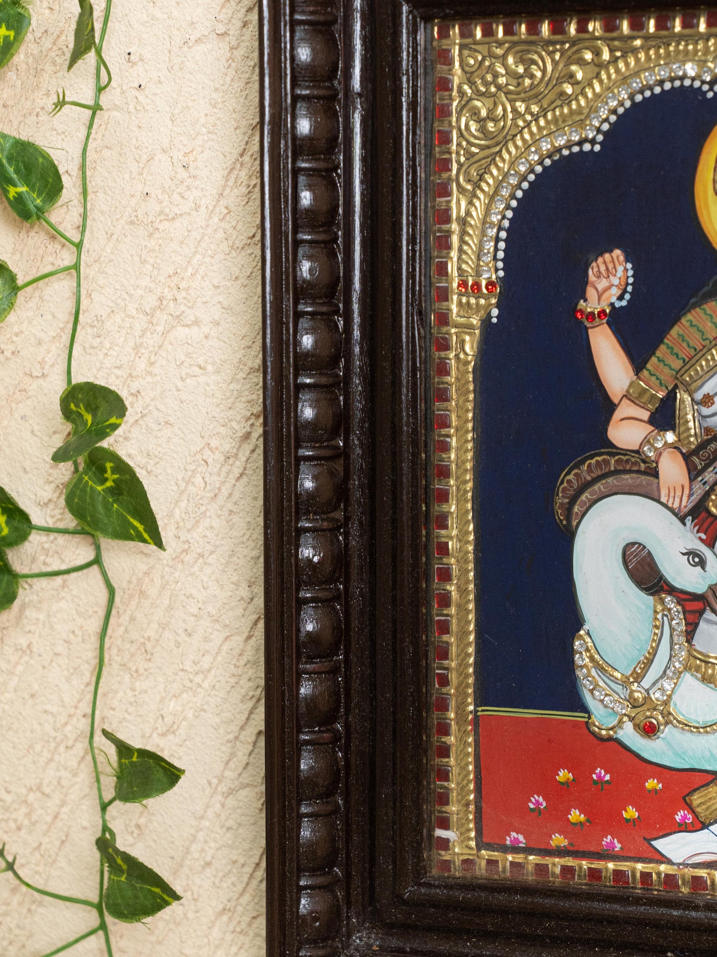 Tanjore Painting - Swan Saraswathi - Semi Embossed - 12x10 inch - WL5203