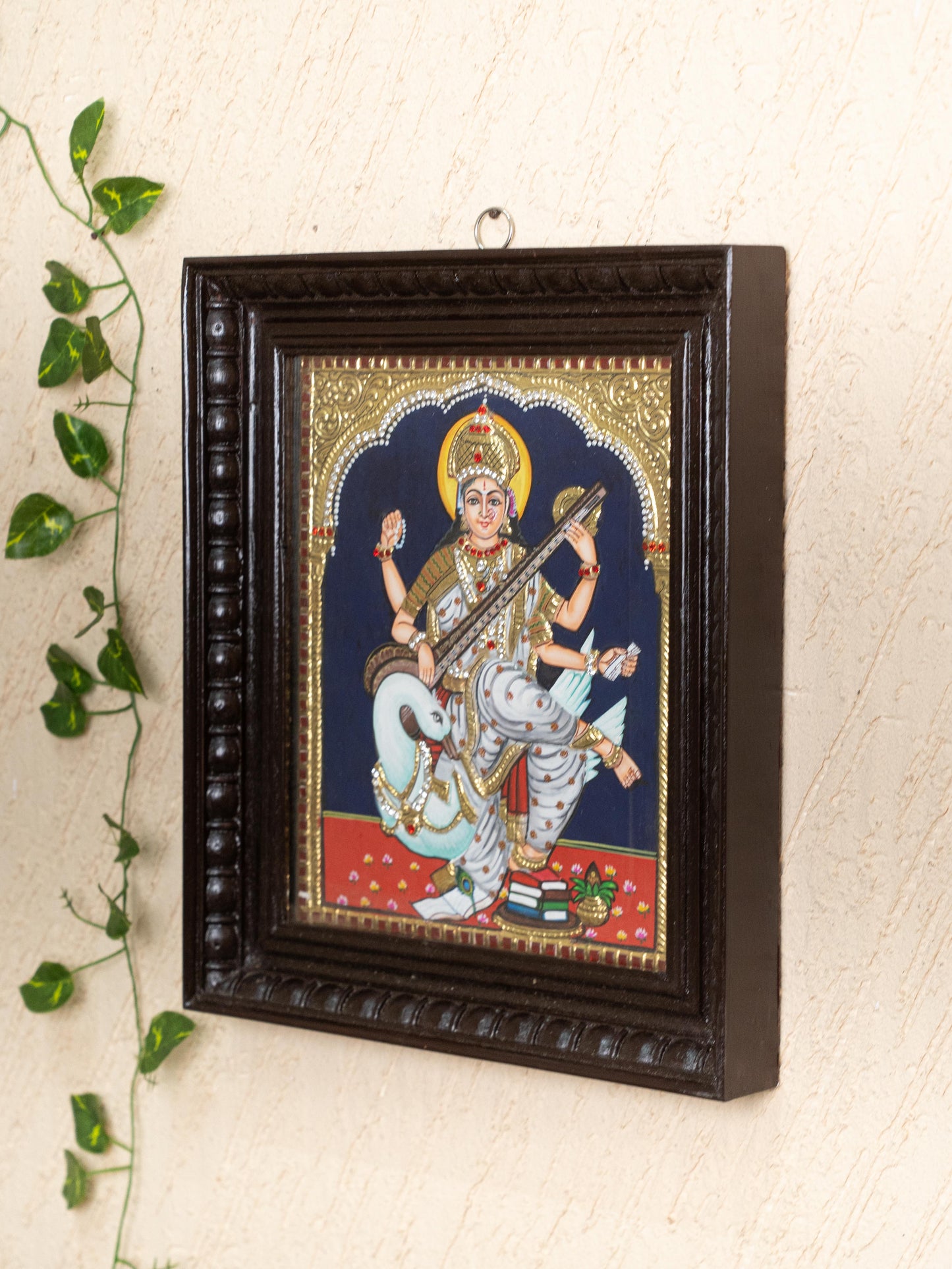 Tanjore Painting - Swan Saraswathi - Semi Embossed - 12x10 inch - WL5203