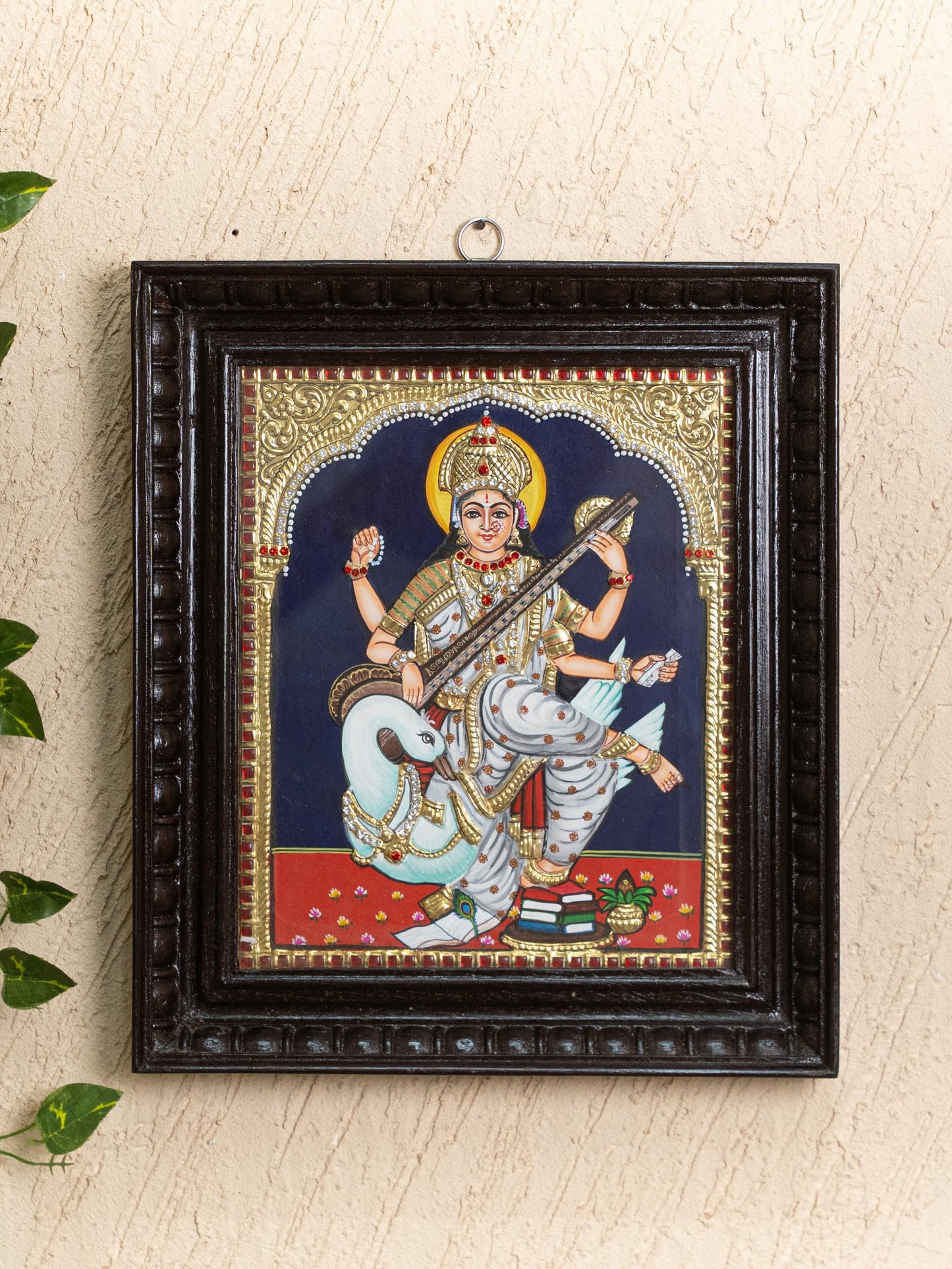 Tanjore Painting - Swan Saraswathi - Semi Embossed - 12x10 inch - WL5203