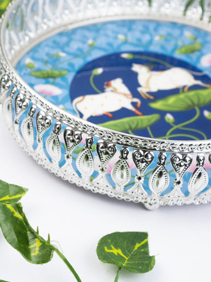 German Silver Pichwai Tray - Blue - 8 inch - WL5217-1