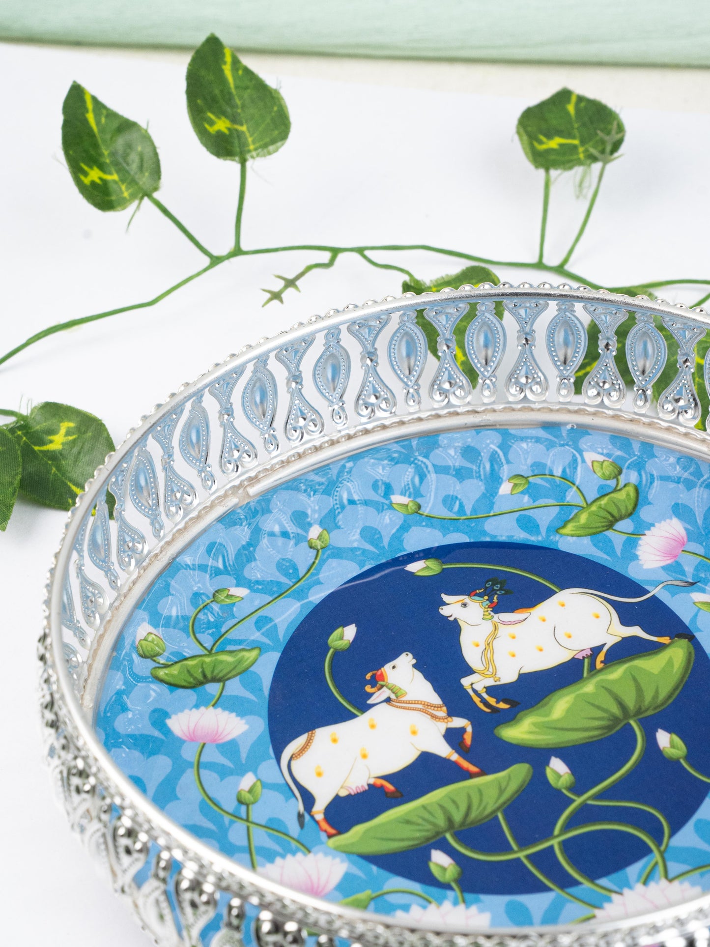 German Silver Pichwai Tray - Blue - 8 inch - WL5217-1