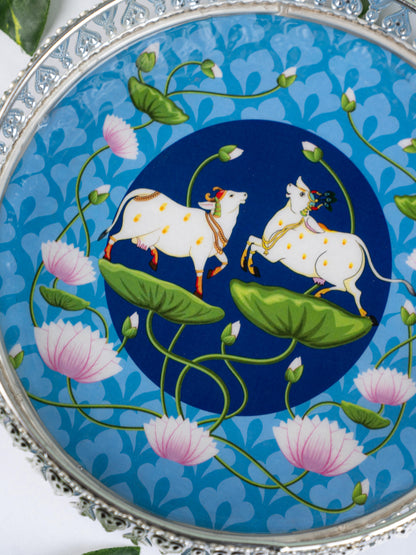 German Silver Pichwai Tray - Blue - 8 inch - WL5217-1
