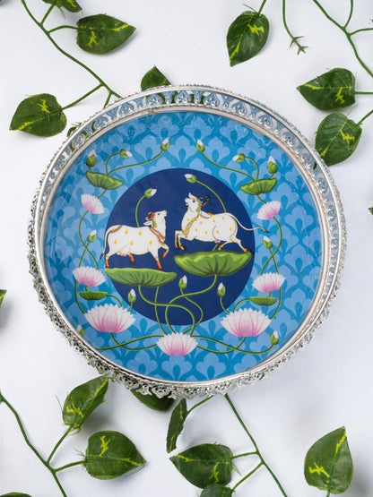 German Silver Pichwai Tray - Blue - 8 inch - WL5217-1