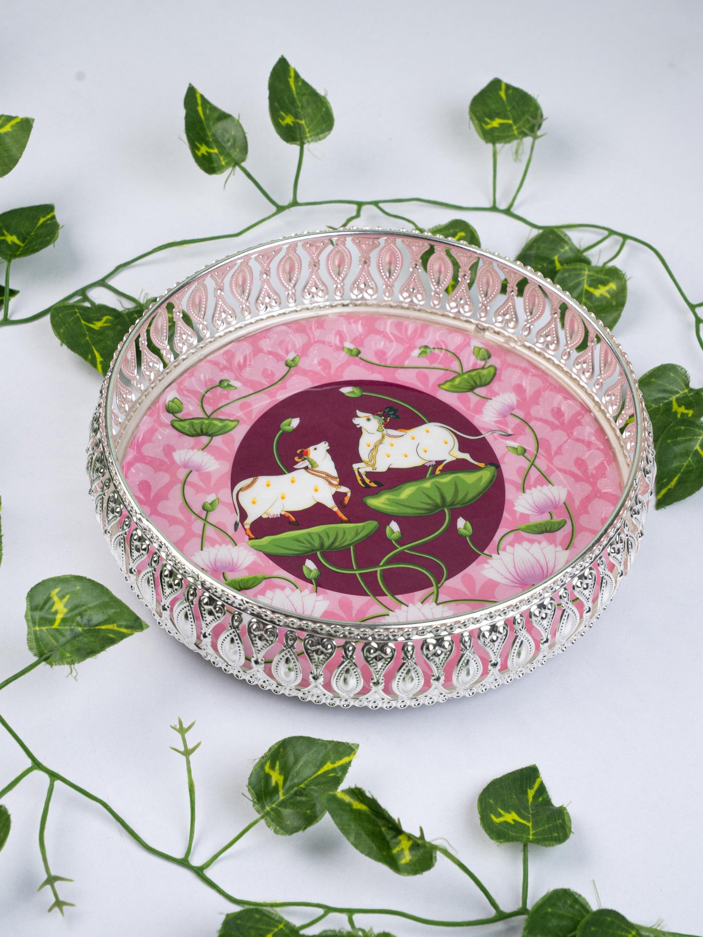 German Silver Pichwai Tray - Pink - 8 inch - WL5217-2