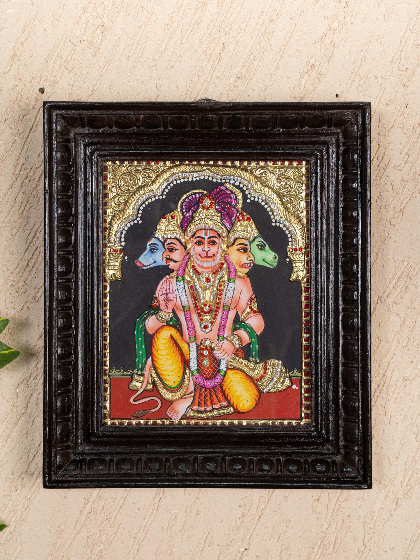 Tanjore Painting - Panchamukhi Hanuman - Semi Embossed - 10x8 inch - WL5229