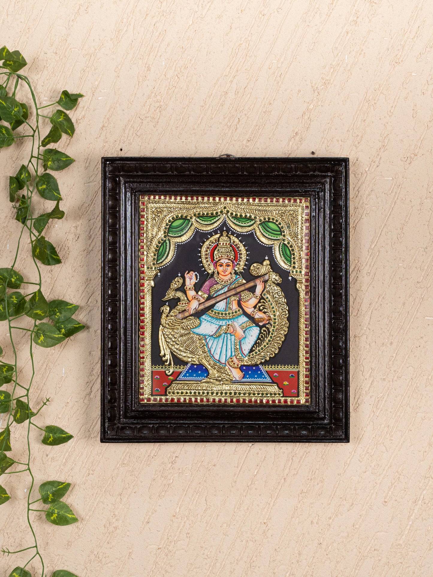 Tanjore Painting - Swan Saraswathi - Flat (Gold Foil) - 12x10 inch - WL5233