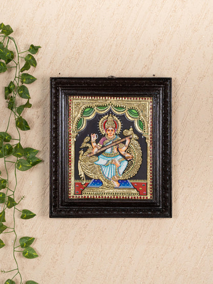 Tanjore Painting - Swan Saraswathi - Flat (Gold Foil) - 12x10 inch - WL5233