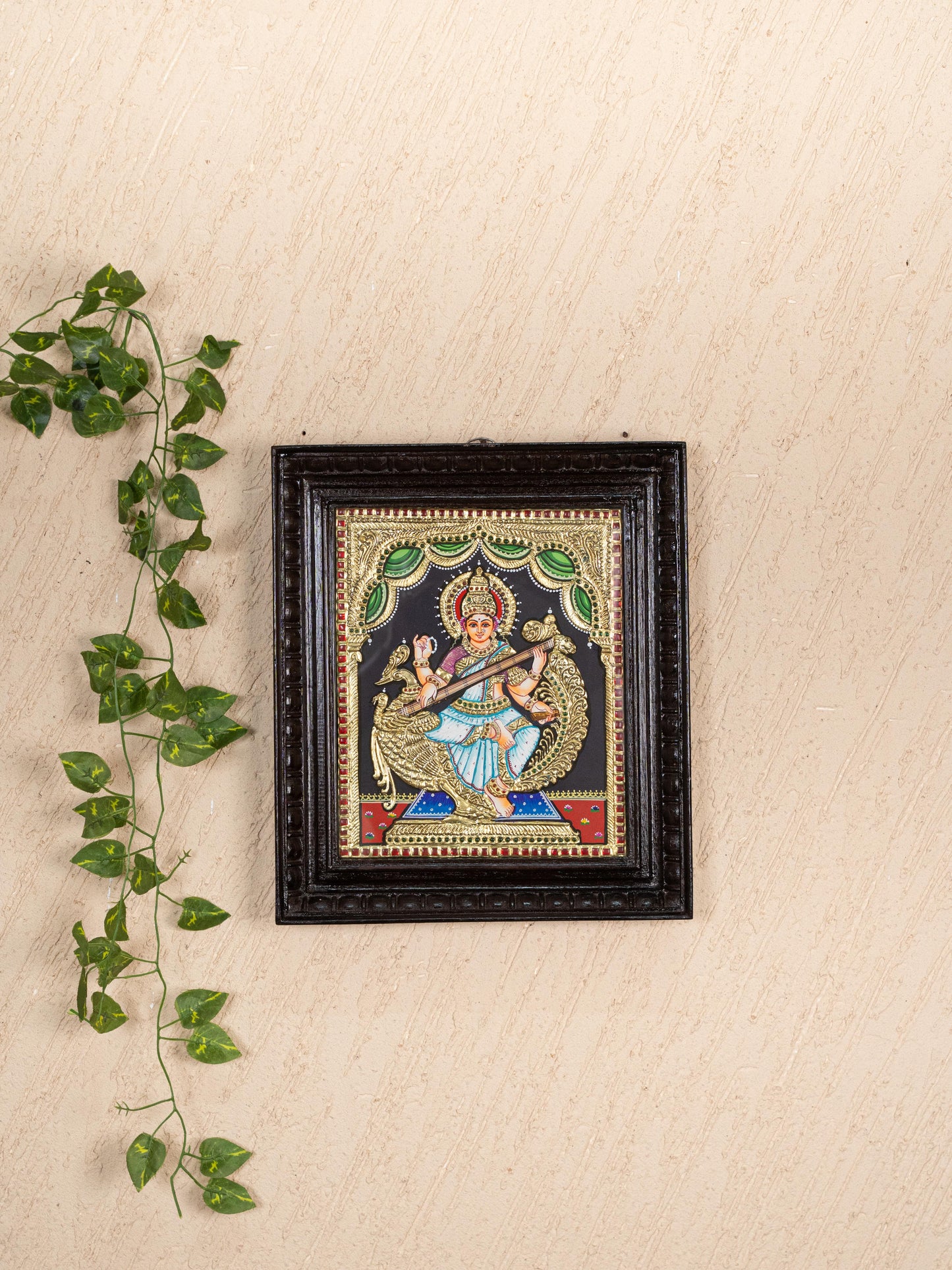 Tanjore Painting - Swan Saraswathi - Flat (Gold Foil) - 12x10 inch - WL5233