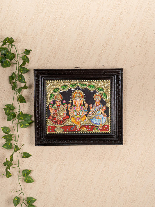 Tanjore Painting - Lakshmi-Ganesha-Saraswathi - Semi Embossed - 12x10 inch - WL5237