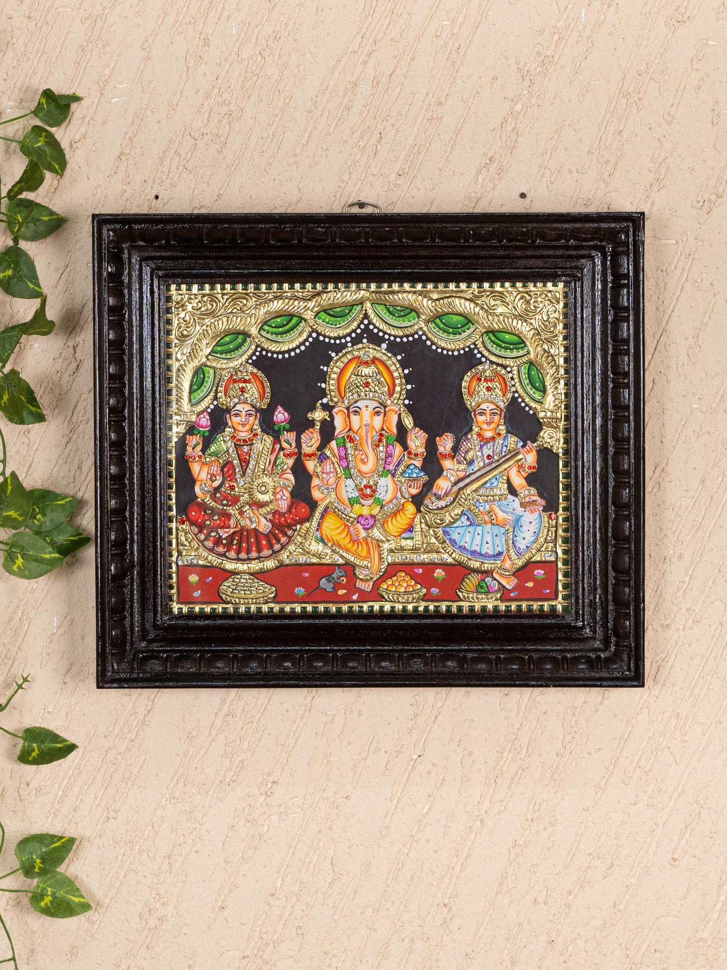 Tanjore Painting - Lakshmi-Ganesha-Saraswathi - Semi Embossed - 12x10 inch - WL5237
