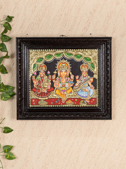 Tanjore Painting - Lakshmi-Ganesha-Saraswathi - Semi Embossed - 12x10 inch - WL5237