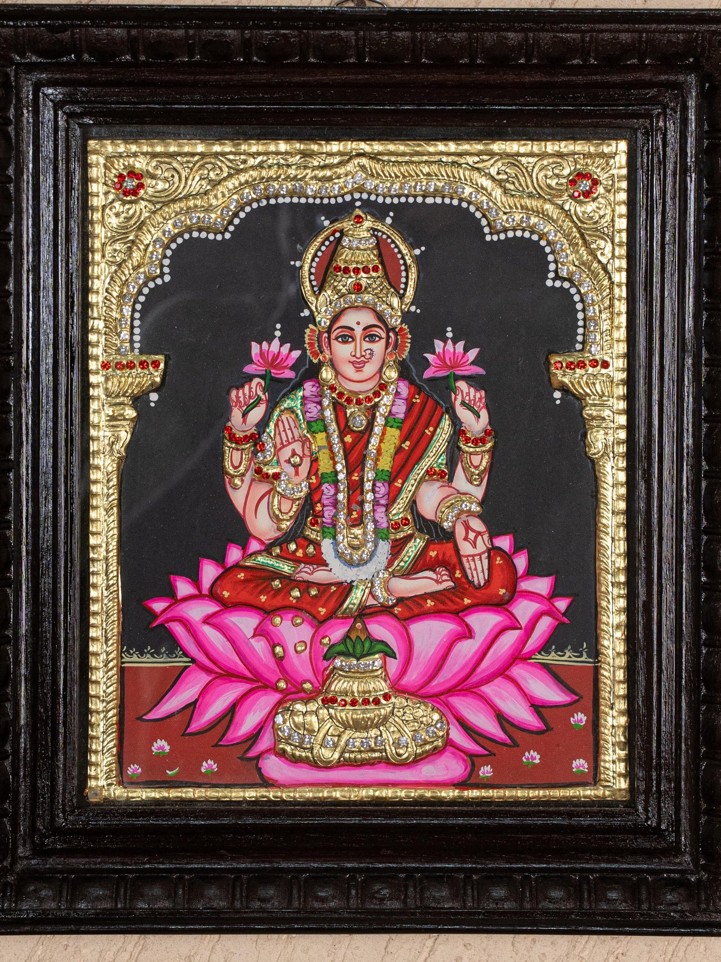 Tanjore Painting - Lakshmi on Lotus - Semi Embossed - 12x10 inch - WL5238
