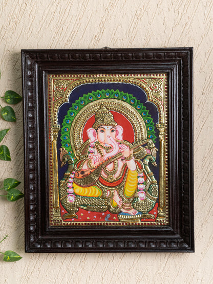 Tanjore Painting Peacock Ganesha - Flat (Gold foil) - 15x12 inch - WL5241