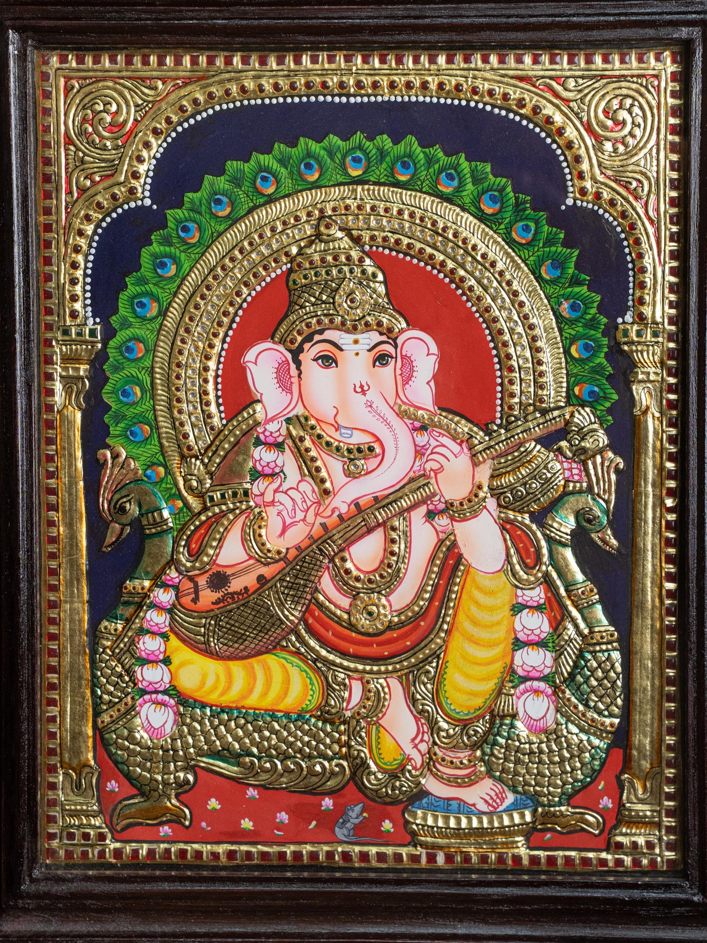 Tanjore Painting Peacock Ganesha - Flat (Gold foil) - 15x12 inch - WL5241