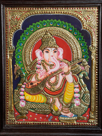 Tanjore Painting Peacock Ganesha - Flat (Gold foil) - 15x12 inch - WL5241