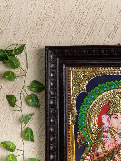 Tanjore Painting Peacock Ganesha - Flat (Gold foil) - 15x12 inch - WL5241