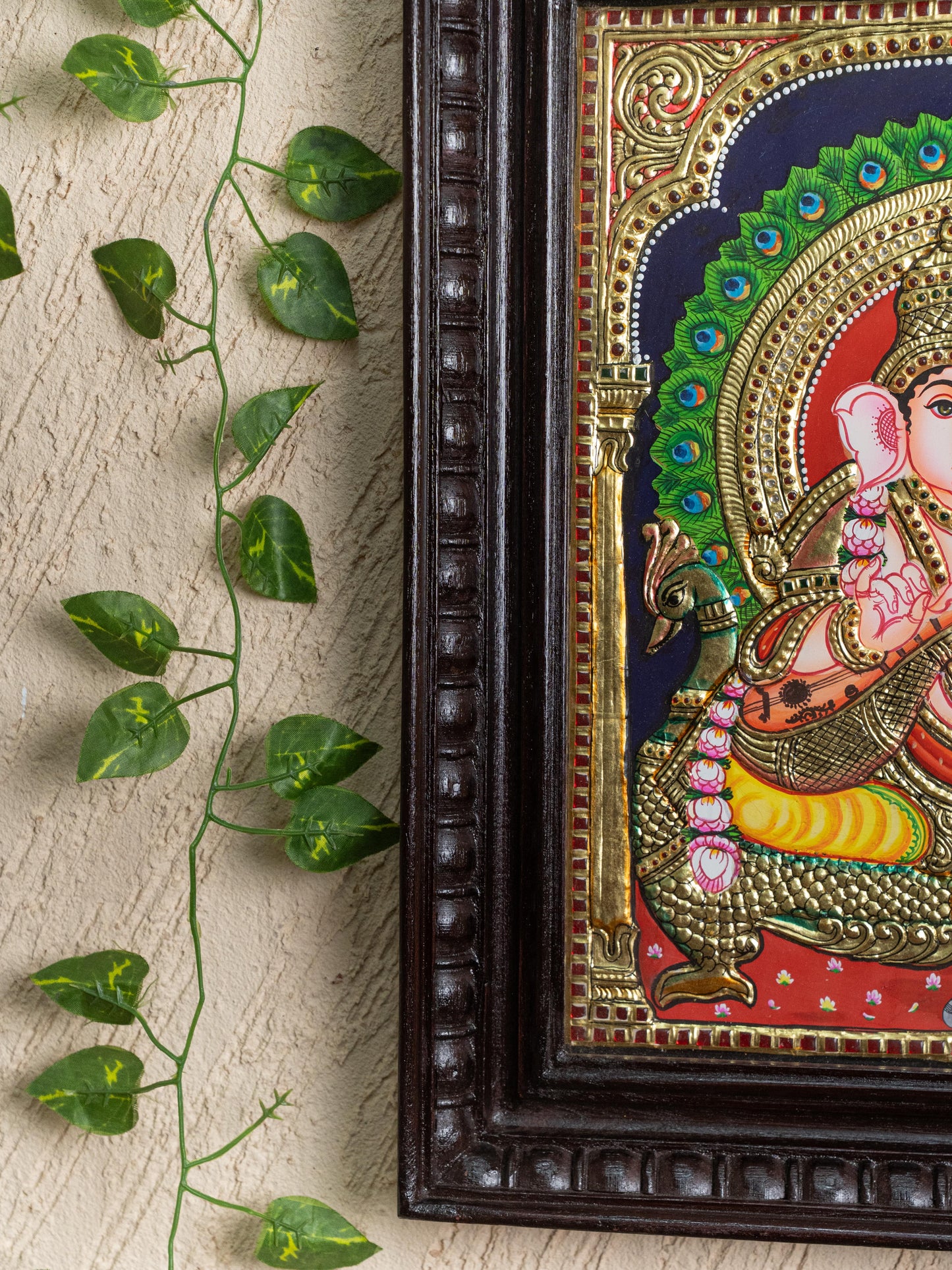 Tanjore Painting Peacock Ganesha - Flat (Gold foil) - 15x12 inch - WL5241