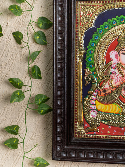 Tanjore Painting Peacock Ganesha - Flat (Gold foil) - 15x12 inch - WL5241