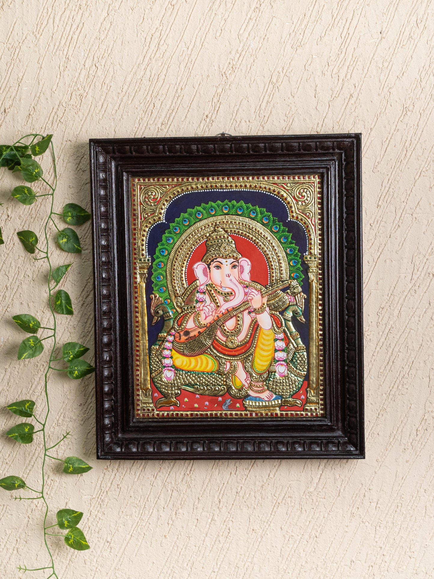 Tanjore Painting Peacock Ganesha - Flat (Gold foil) - 15x12 inch - WL5241