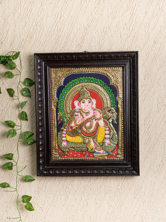Tanjore Painting Peacock Ganesha - Flat (Gold foil) - 15x12 inch - WL5241