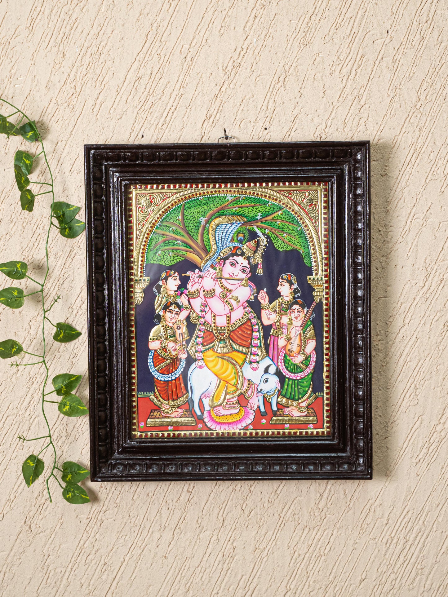 Tanjore Painting - Krishna with Gopikas - Flat (Gold Foil) - 15x12 inch - WL5243