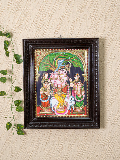Tanjore Painting - Krishna with Gopikas - Flat (Gold Foil) - 15x12 inch - WL5243