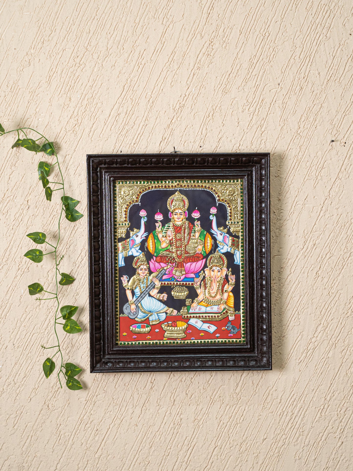Tanjore Painting - Lakshmi-Ganesha-Saraswathi - Flat (Gold Foil) - 15x12 inch - WL5244