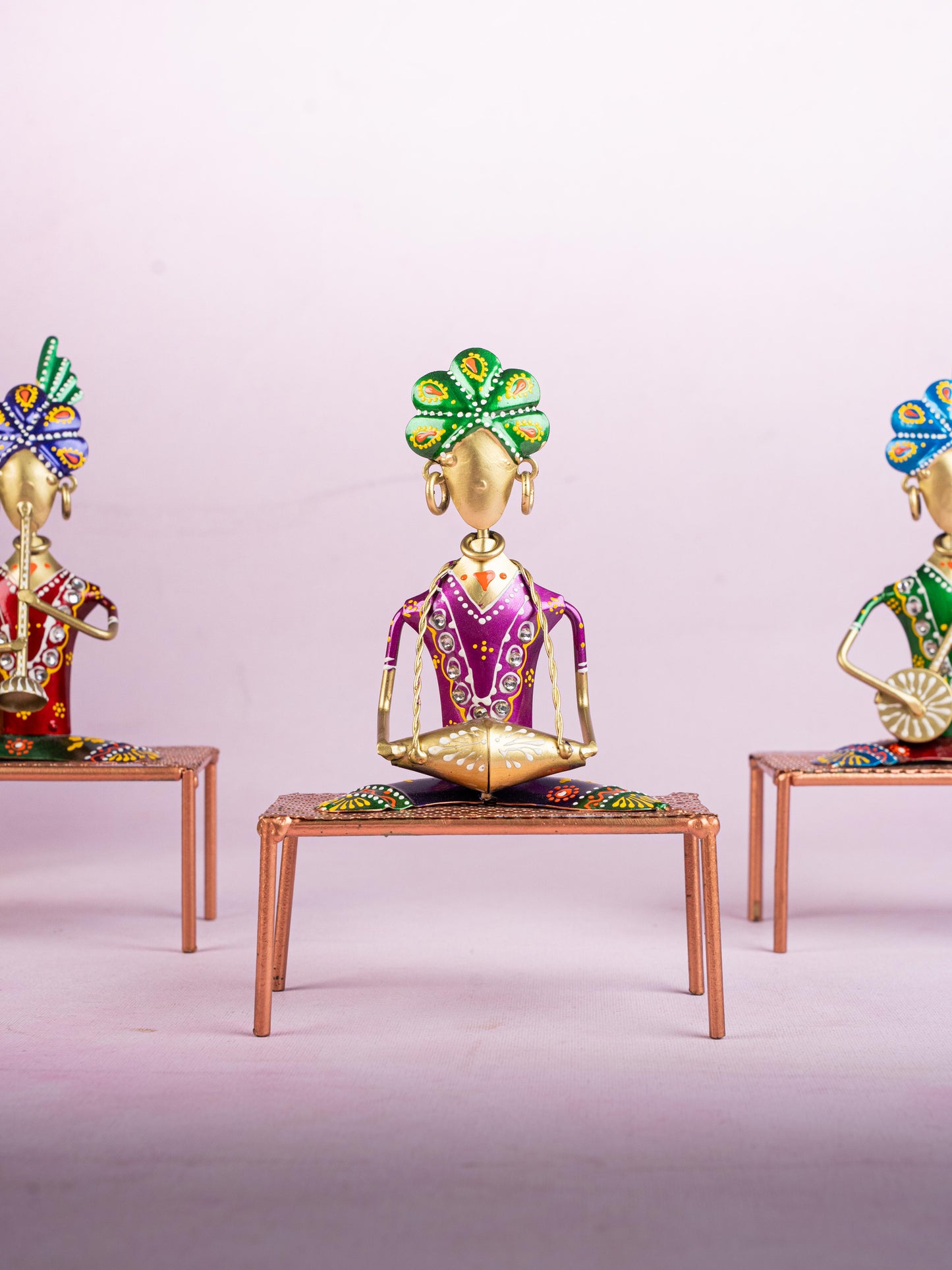 Metal Handpainted Marwari Musician on Chair - Set of 3 - WL5254