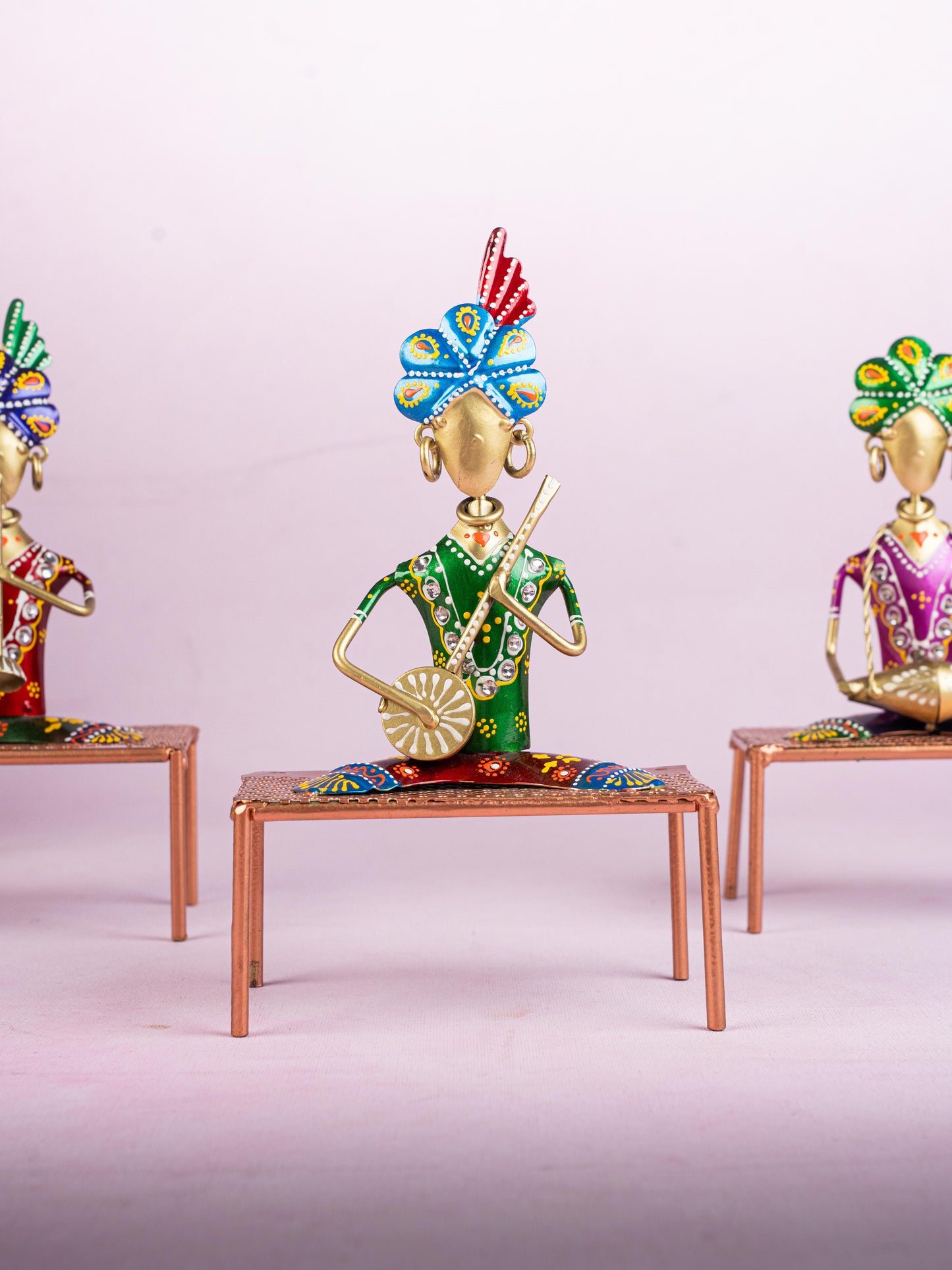 Metal Handpainted Marwari Musician on Chair - Set of 3 - WL5254