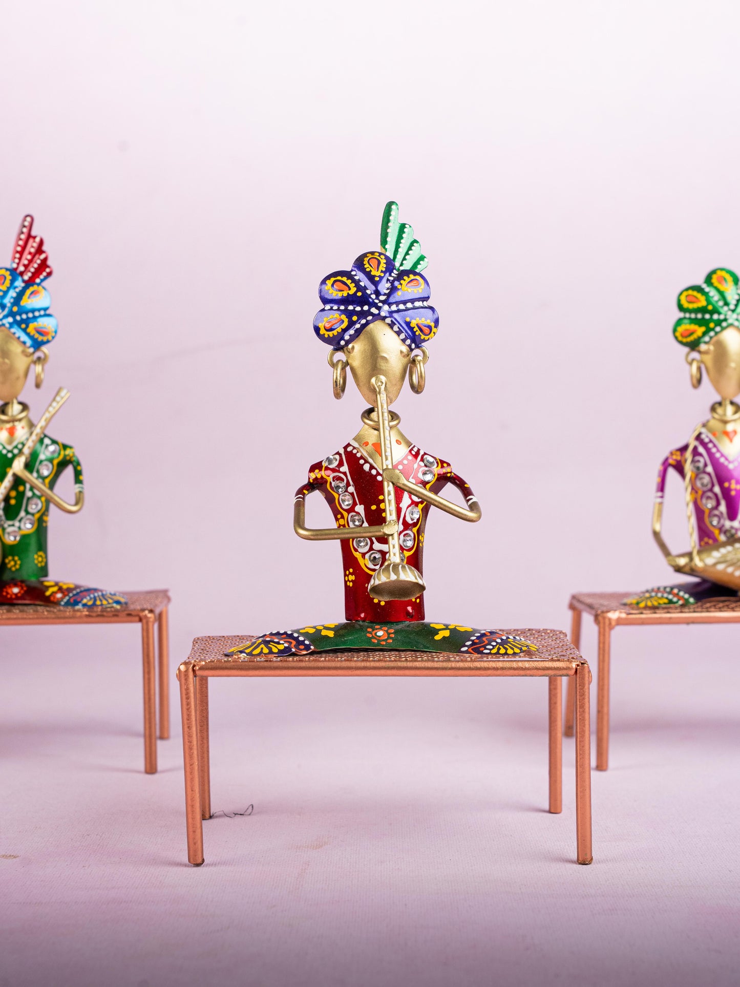 Metal Handpainted Marwari Musician on Chair - Set of 3 - WL5254