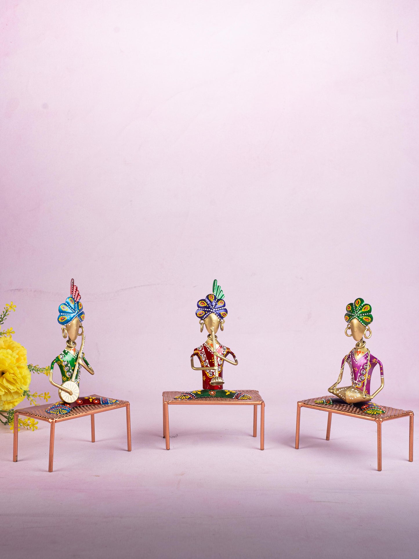 Metal Handpainted Marwari Musician on Chair - Set of 3 - WL5254