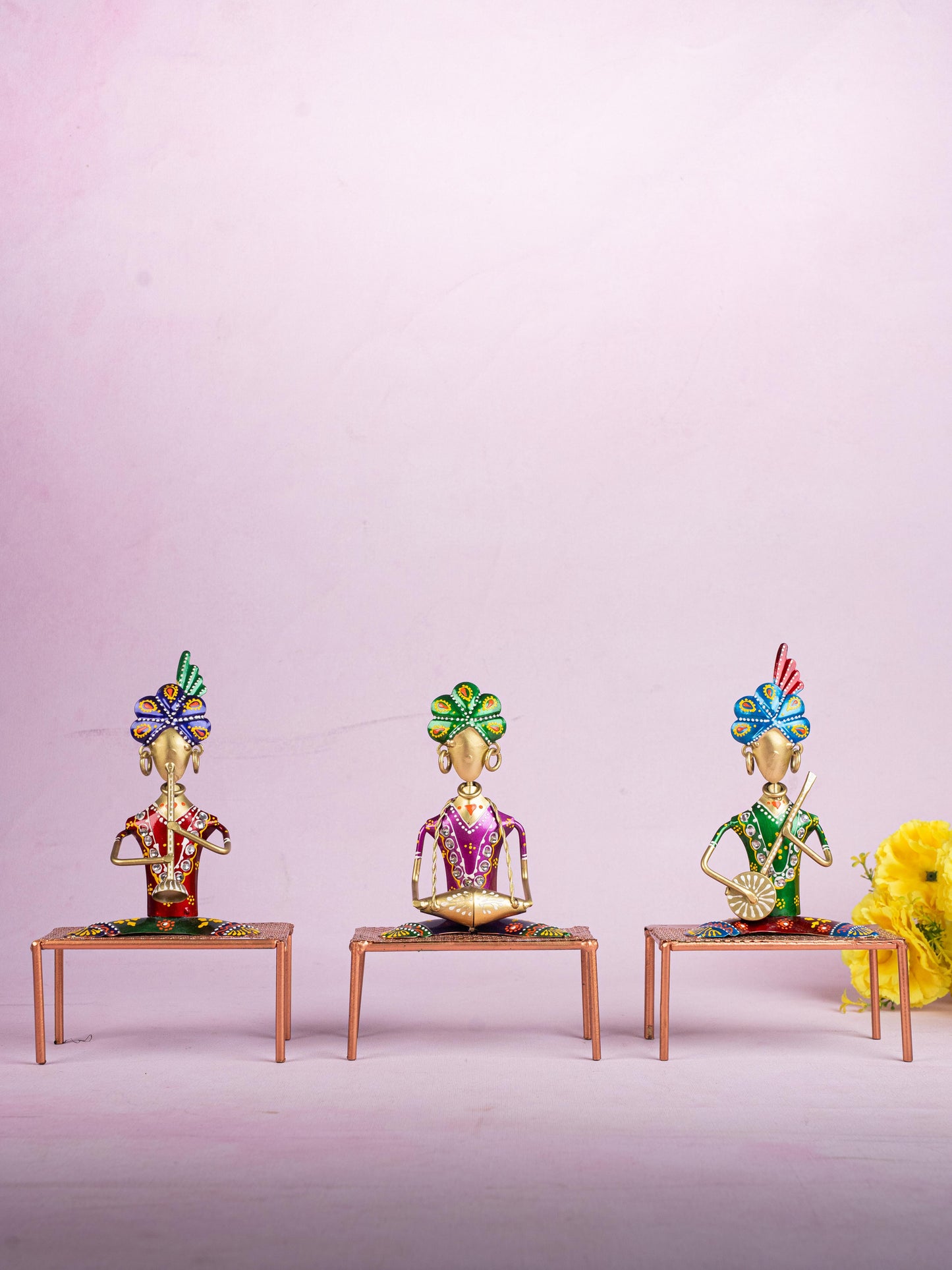 Metal Handpainted Marwari Musician on Chair - Set of 3 - WL5254