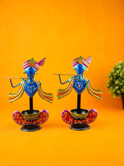 Metal Handpainted Krishna T Light Holder - Set of 2 - WL5255-1