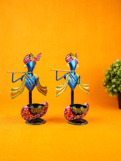 Metal Handpainted Krishna T Light Holder - Set of 2 - WL5255-1