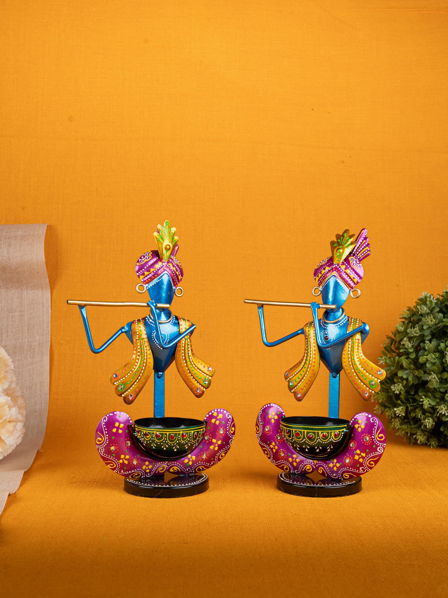 Metal Handpainted Krishna T Light Holder - Set of 2 - WL5255-2